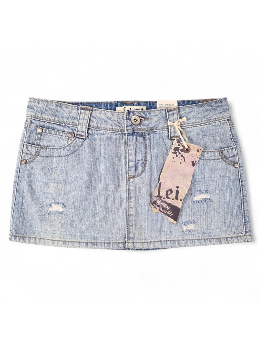 l.e.i. Ashley Trouble Nadine New Vintage Distressed Denim Micro Mini Skirt Sz 5